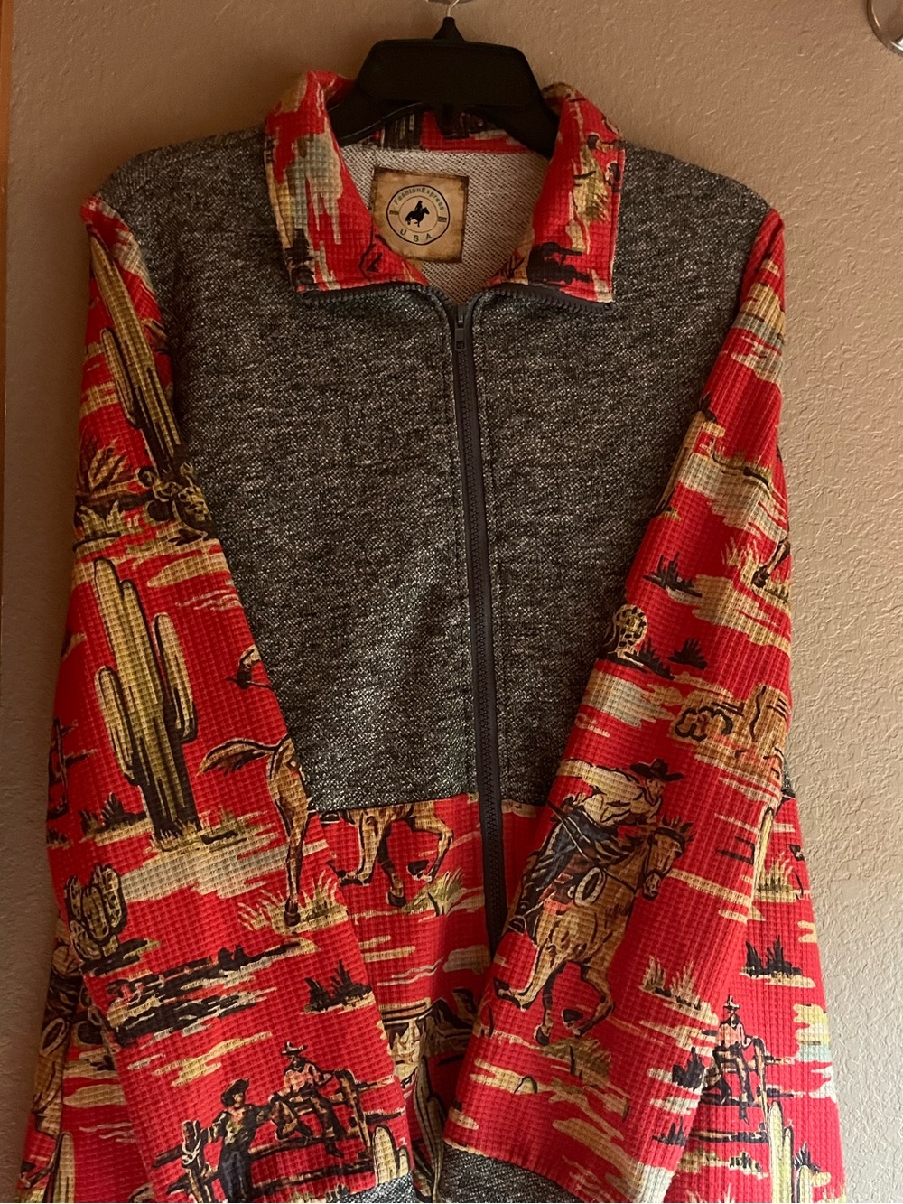 Western cactus cowboy Print Zip-Up Jacket in Red and Gray